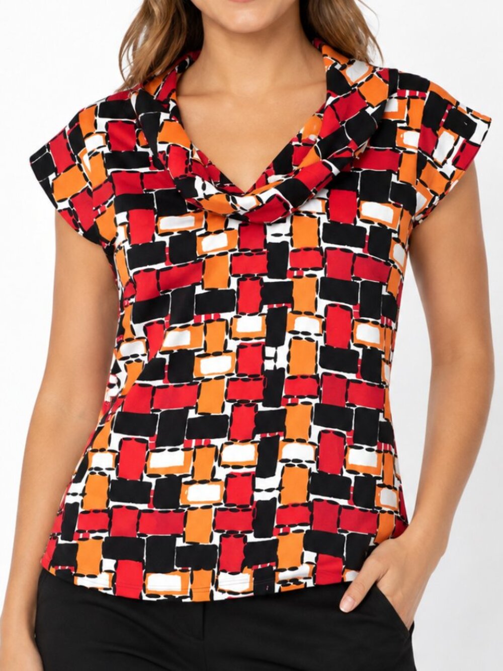 Banana Republic Black, Red Black Orange Geometric Block Cowl-Neck Cap Sleeve Top